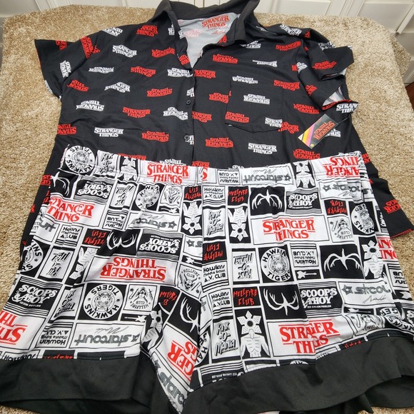 Stranger Things Black Red Graphic Button Up Shirt Pajama Top 3X 22W 24W NWT - Picture 1 of 7
